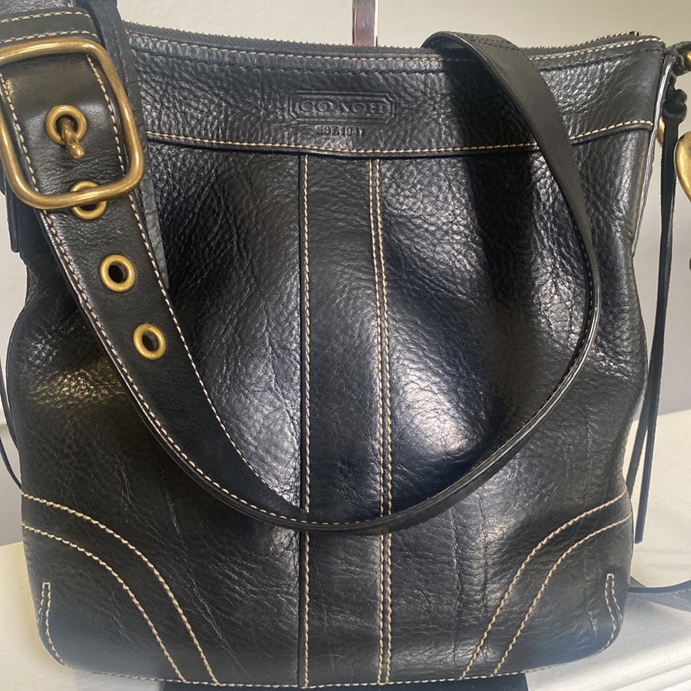 Coach Bleecker Slim Duffle Black Pebbled Leather Shoulder/Crossbody Bag.